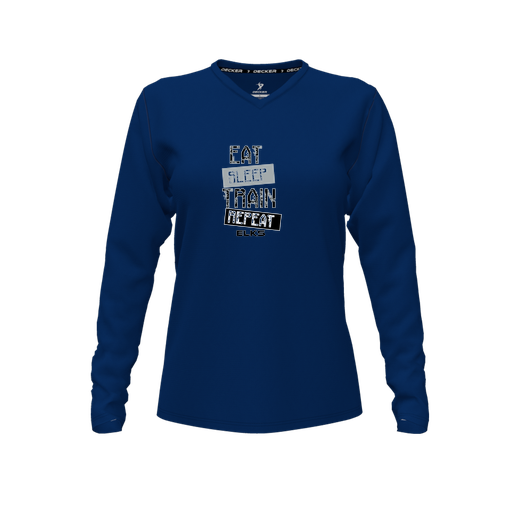 [CUS-DFW-TEES-CMF-VNK-LSL-NVY-FYXS-LOGO3] Decker Comfort T-Shirt (Female Youth XS, Navy, V Neck, Logo 3, Long Sleeve)