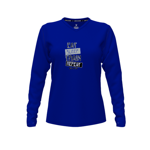 [CUS-DFW-TEES-CMF-VNK-LSL-RYL-FYXS-LOGO3] Decker Comfort T-Shirt (Female Youth XS, Royal, V Neck, Logo 3, Long Sleeve)