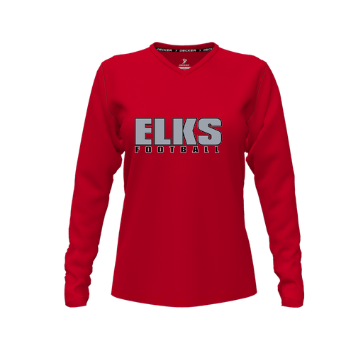 [CUS-DFW-TEES-CMF-VNK-LSL-RED-FYXS-LOGO1] Decker Comfort T-Shirt (Female Youth XS, Red, V Neck, Logo 1, Long Sleeve)