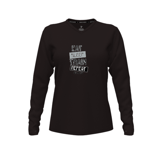 [CUS-DFW-TEES-PER-VNK-LSL-BLK-FYXS-LOGO3] Decker Performance T-Shirt (Female Youth XS, Black, V Neck, Logo 3, Long Sleeve)