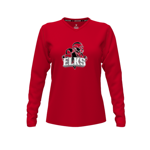 [CUS-DFW-TEES-PER-VNK-LSL-RED-FYXS-LOGO2] Decker Performance T-Shirt (Female Youth XS, Red, V Neck, Logo 2, Long Sleeve)