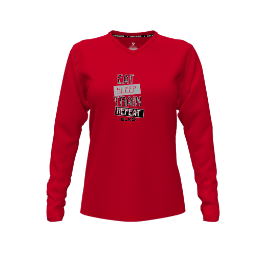[CUS-DFW-TEES-PER-VNK-LSL-RED-FYXS-LOGO3] Decker Performance T-Shirt (Female Youth XS, Red, V Neck, Logo 3, Long Sleeve)